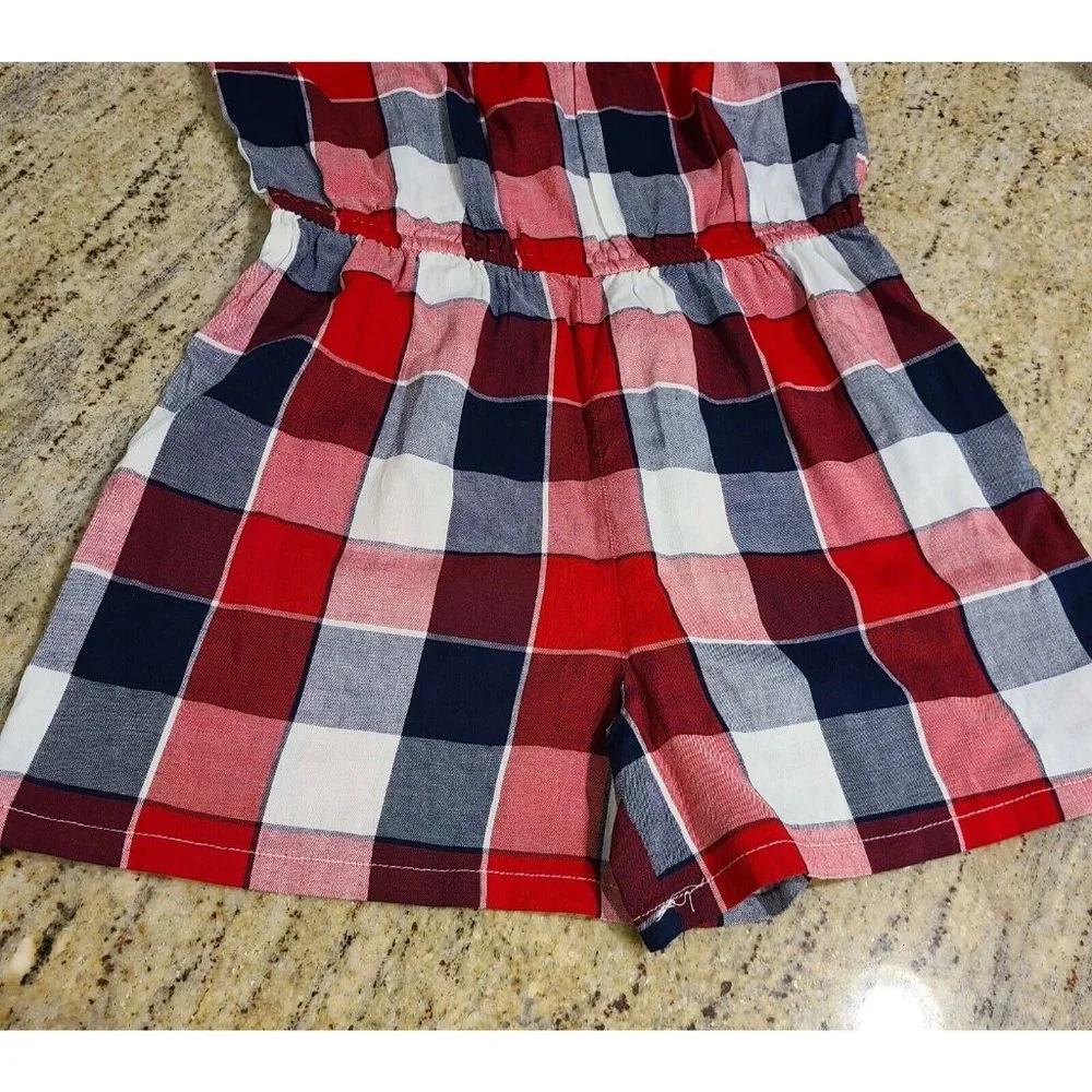 Old Navy Girls Red White Navy Plaid Spaghetti Strap Shorts Romper Size L